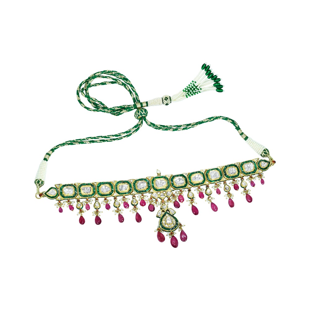 Polki Choker Set with Green Enamel, Tourmaline, and Pearls